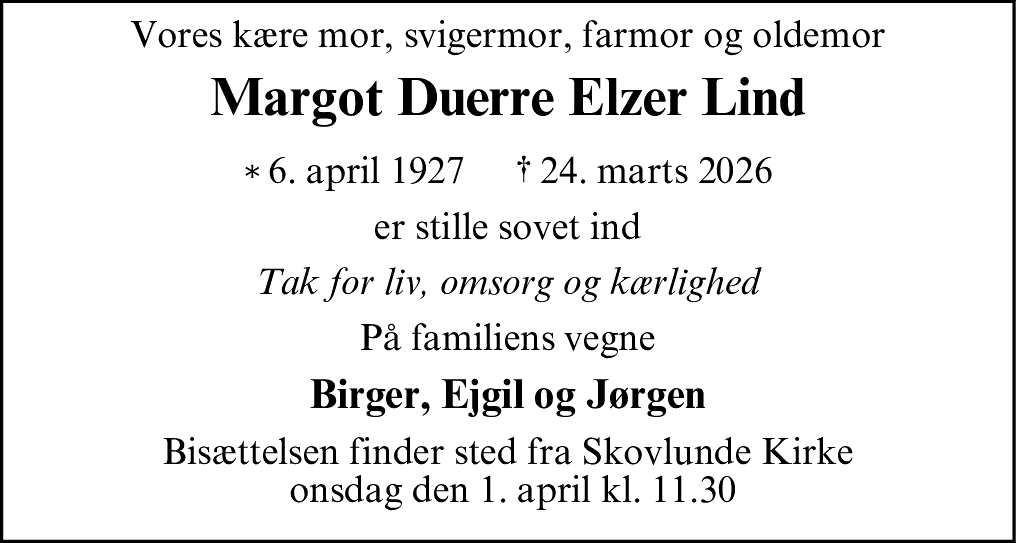 Dødsannonce for Margot Duerre Elzer Lind