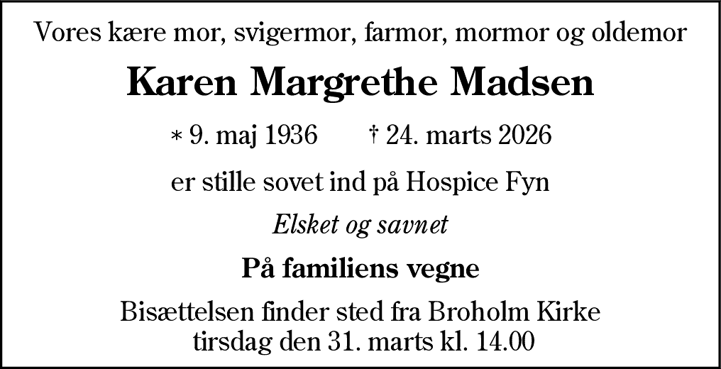 Dødsannonce for Karen Margrethe Madsen
