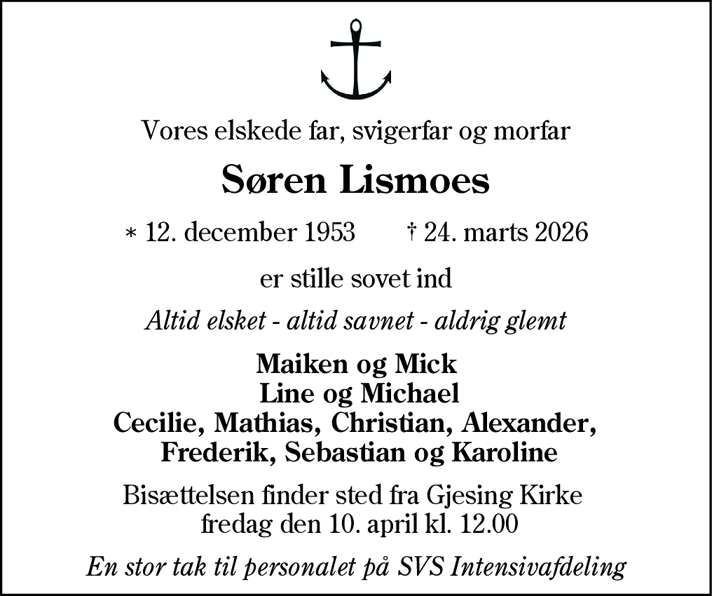 Dødsannonce for Søren Lismoes