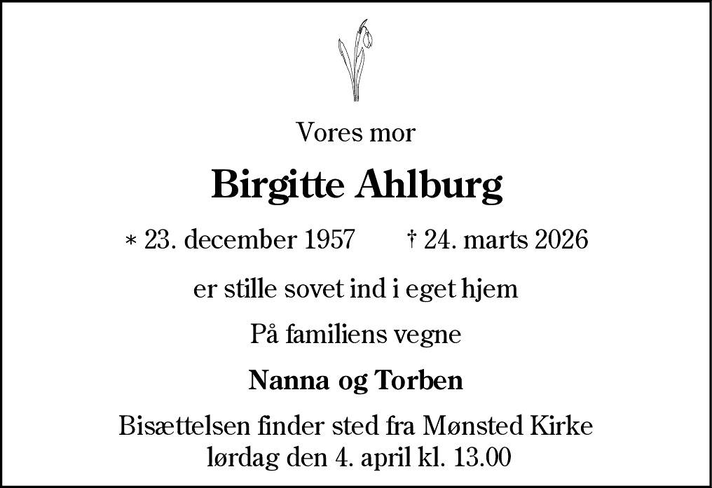 Dødsannonce for Birgitte Ahlburg