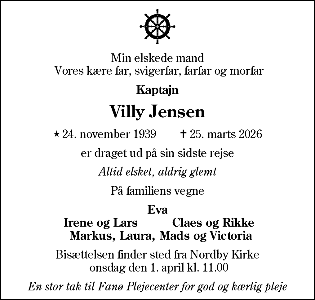 Dødsannonce for Villy Jensen