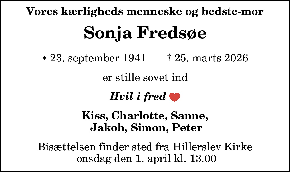 Dødsannonce for Sonja Fredsøe