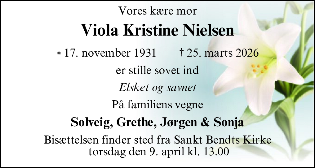 Dødsannonce for Viola Kristine Nielsen