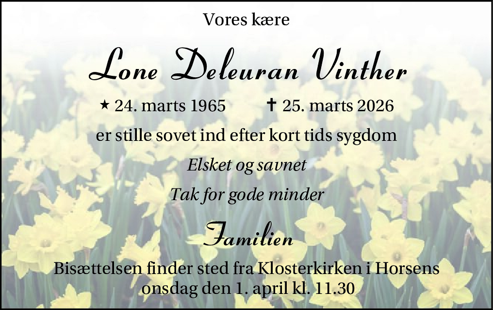Dødsannonce for Lone Deleuran Vinther