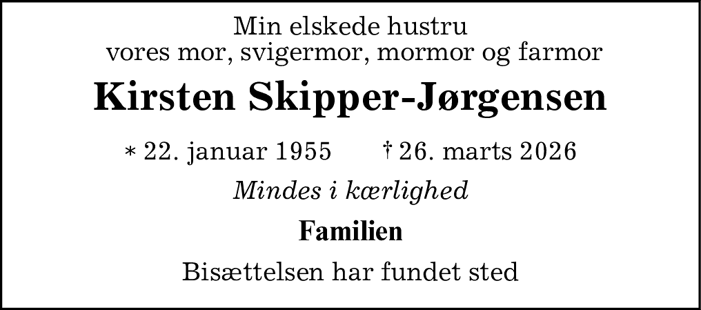 Dødsannonce for Kirsten Skipper-Jørgensen
