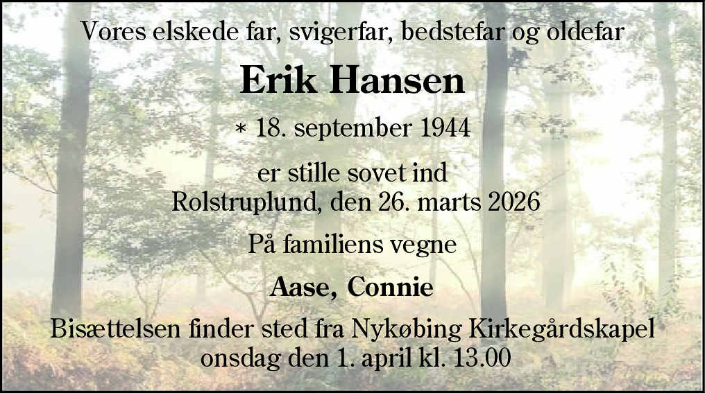 Dødsannonce for Erik Hansen