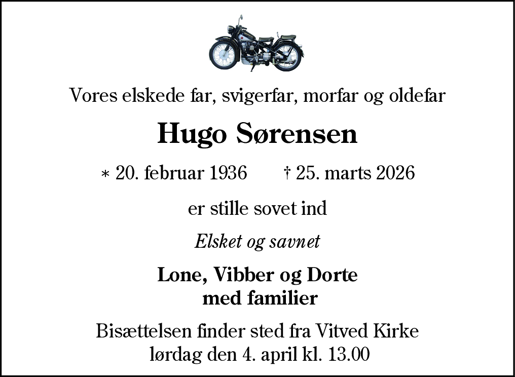 Dødsannonce for Hugo Sørensen