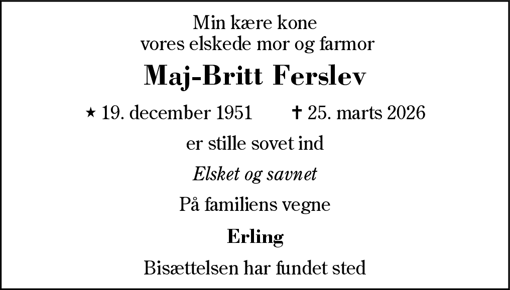 Dødsannonce for Maj-Britt Ferslev