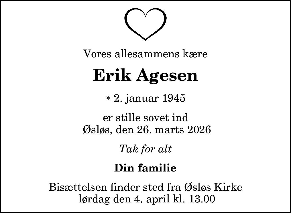 Dødsannonce for Erik Agesen
