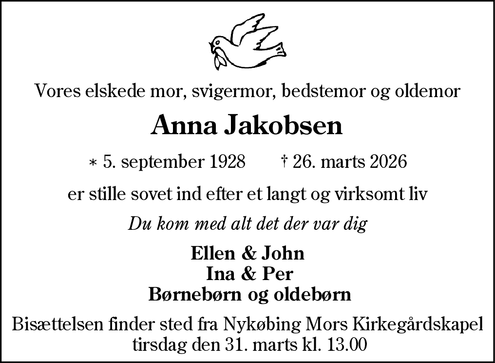 Dødsannonce for Anna Jakobsen