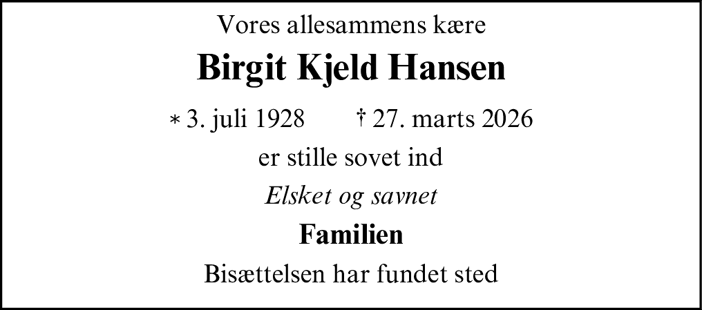 Dødsannonce for Birgit Kjeld Hansen