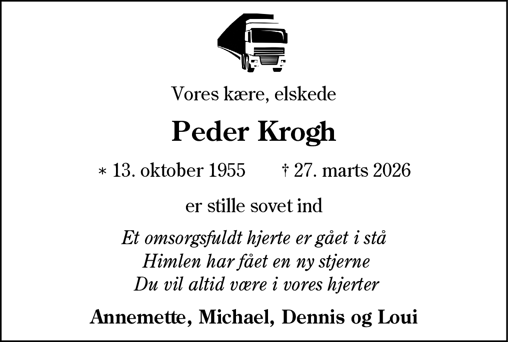 Dødsannonce for Peder Krogh