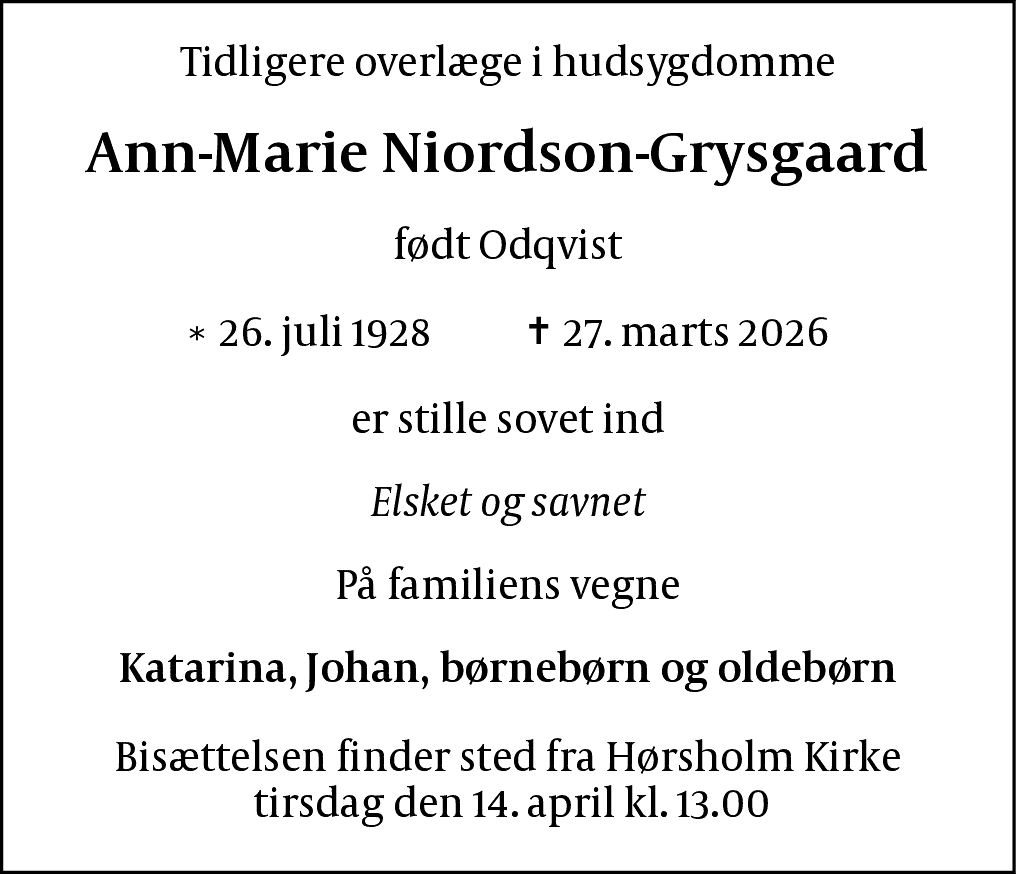 Dødsannonce for Ann-Marie Margareta Niordson-Grysgaard