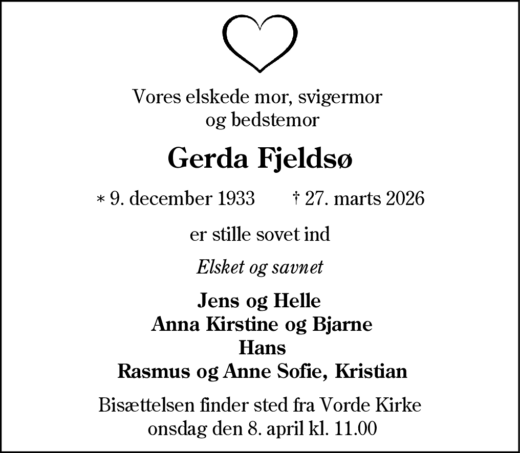 Dødsannonce for Gerda Marie Christensen Fjeldsø