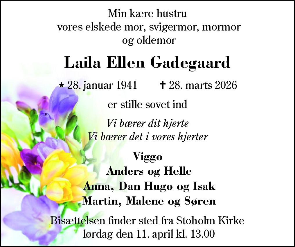 Dødsannonce for Laila Ellen Gadegaard