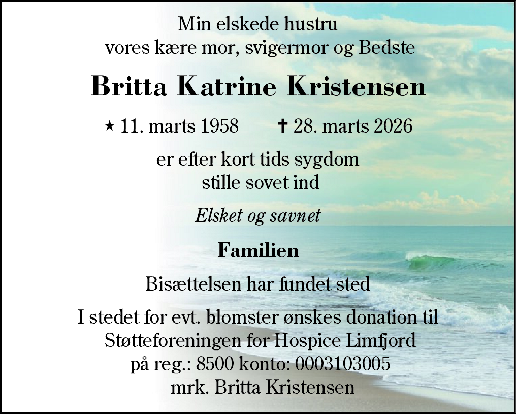 Dødsannonce for Britta Katrine Kristensen
