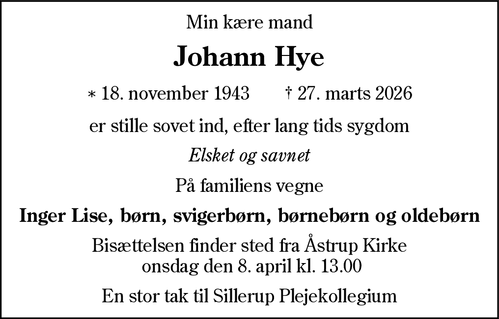 Dødsannonce for Johann Hye