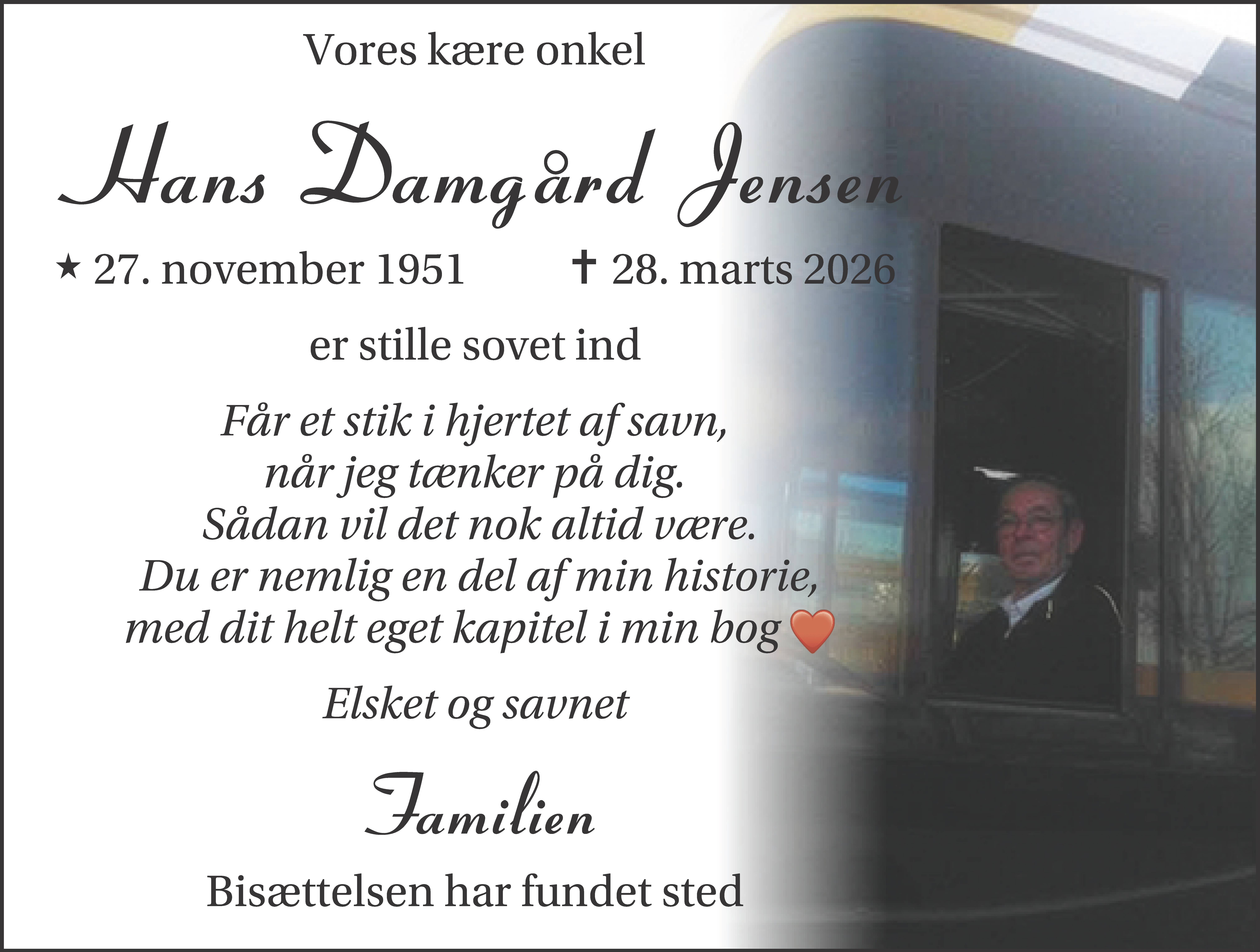 Dødsannonce for Hans Damgård Jensen