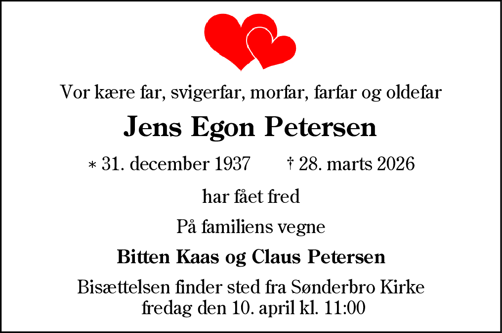 Dødsannonce for Jens Egon Petersen