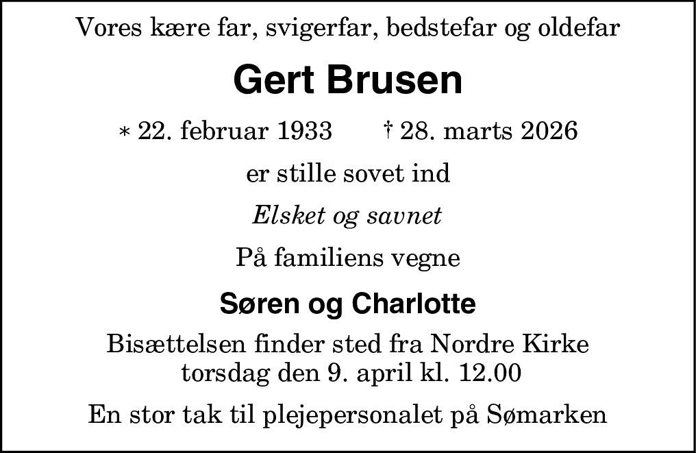 Dødsannonce for Gert Brusen