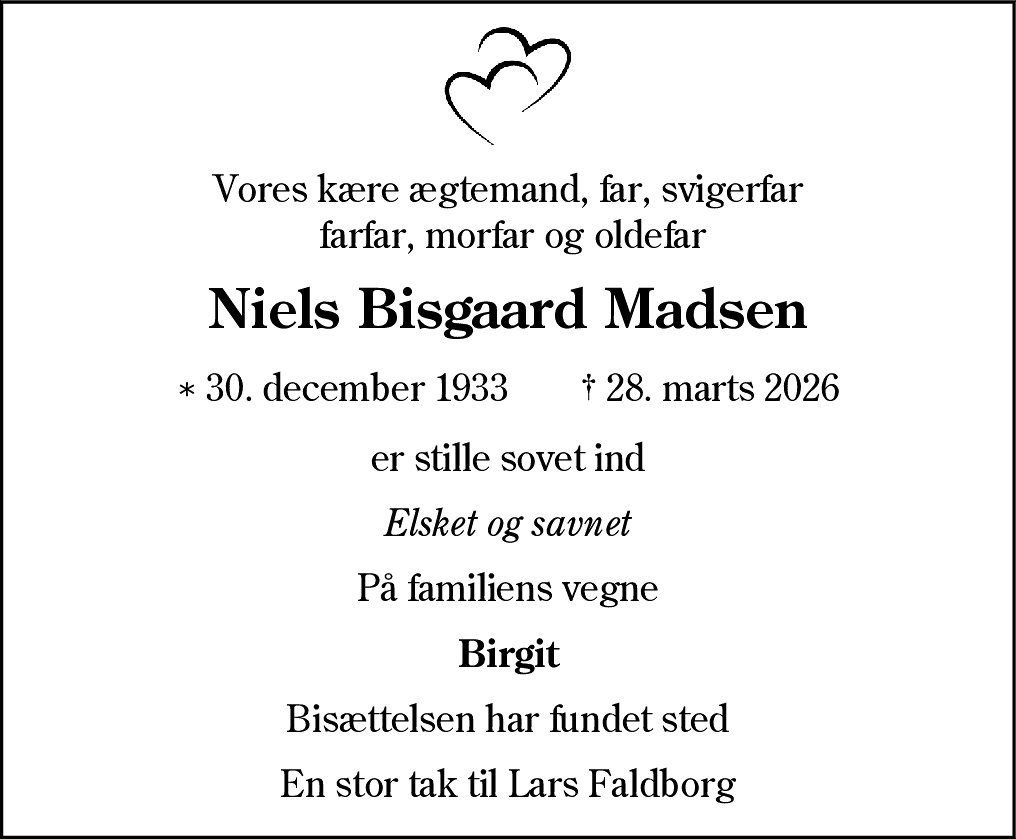 Dødsannonce for Niels Bisgaard Madsen