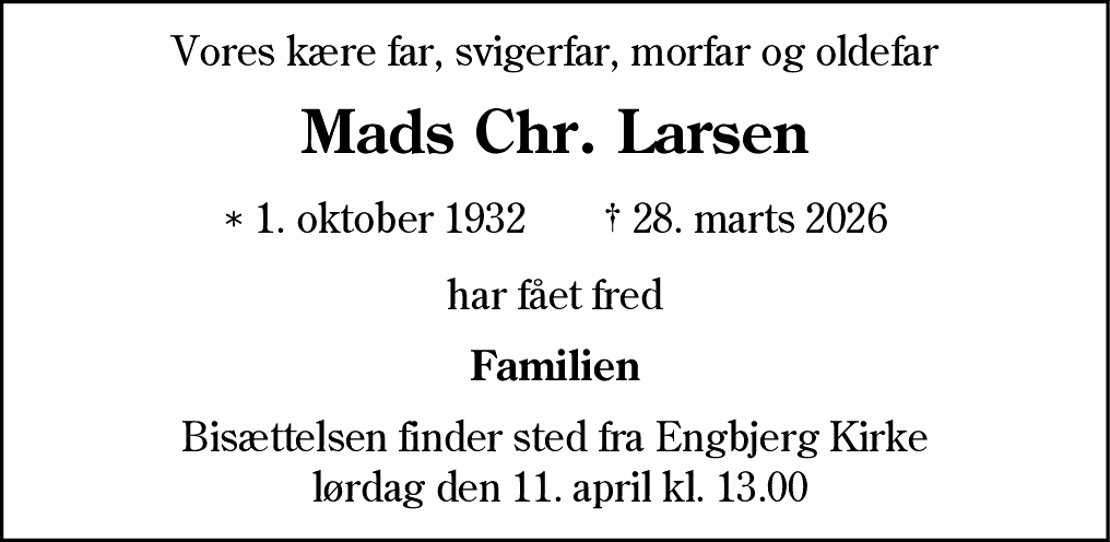Dødsannonce for Mads Christian Larsen