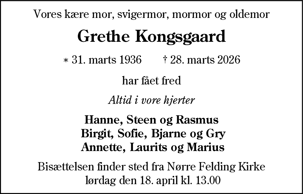 Dødsannonce for Grethe Kongsgaard