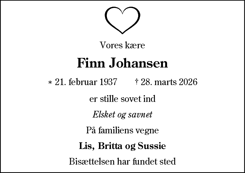 Dødsannonce for Finn Johansen