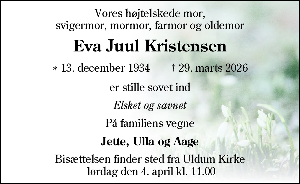 Dødsannonce for Eva Juul Kristensen