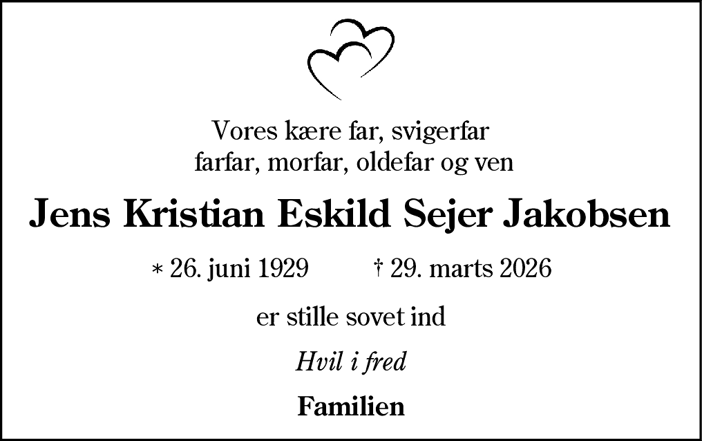 Dødsannonce for Jens Kristian Eskild Sejer Jakobsen