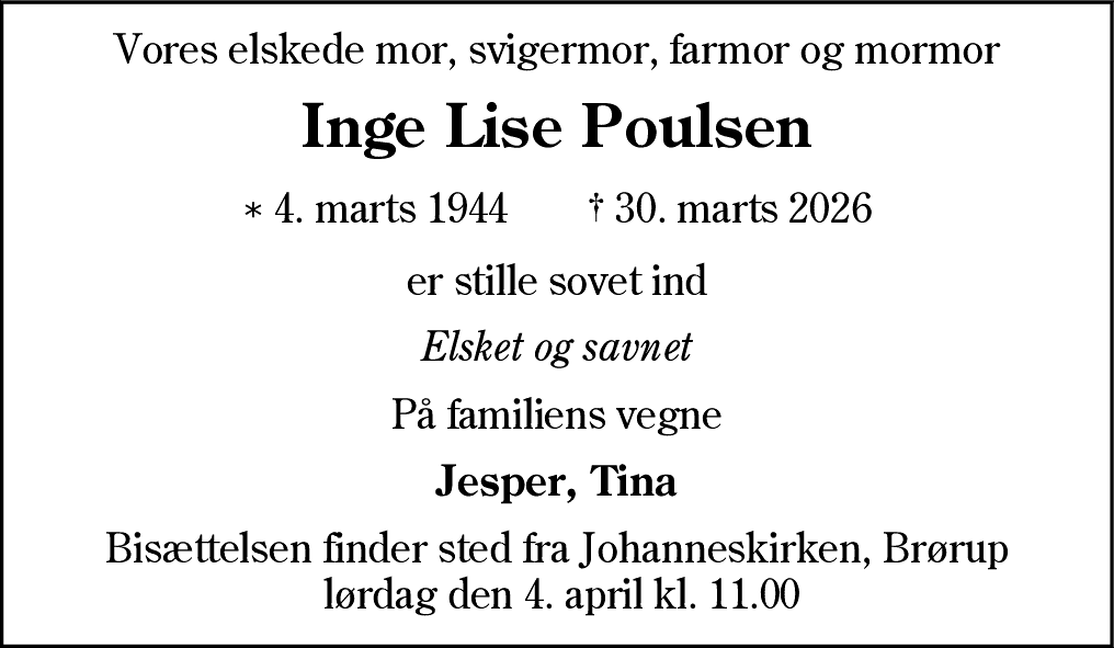Dødsannonce for Inge Lise Marie Poulsen