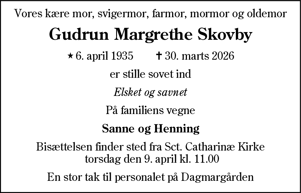Dødsannonce for Gudrun Margrethe Skovby