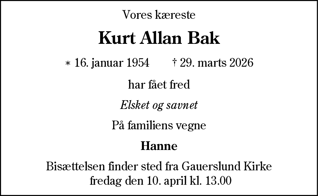 Dødsannonce for Kurt Allan Bak