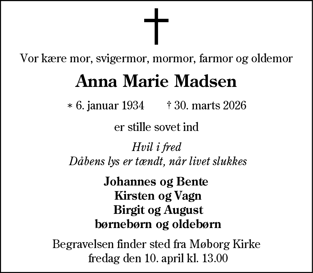 Dødsannonce for Anna Marie Madsen