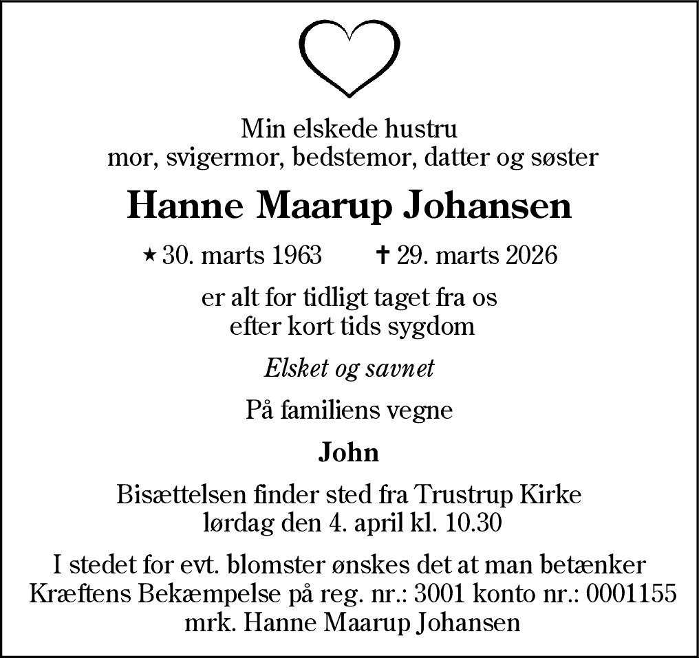Dødsannonce for Hanne Maarup Johansen