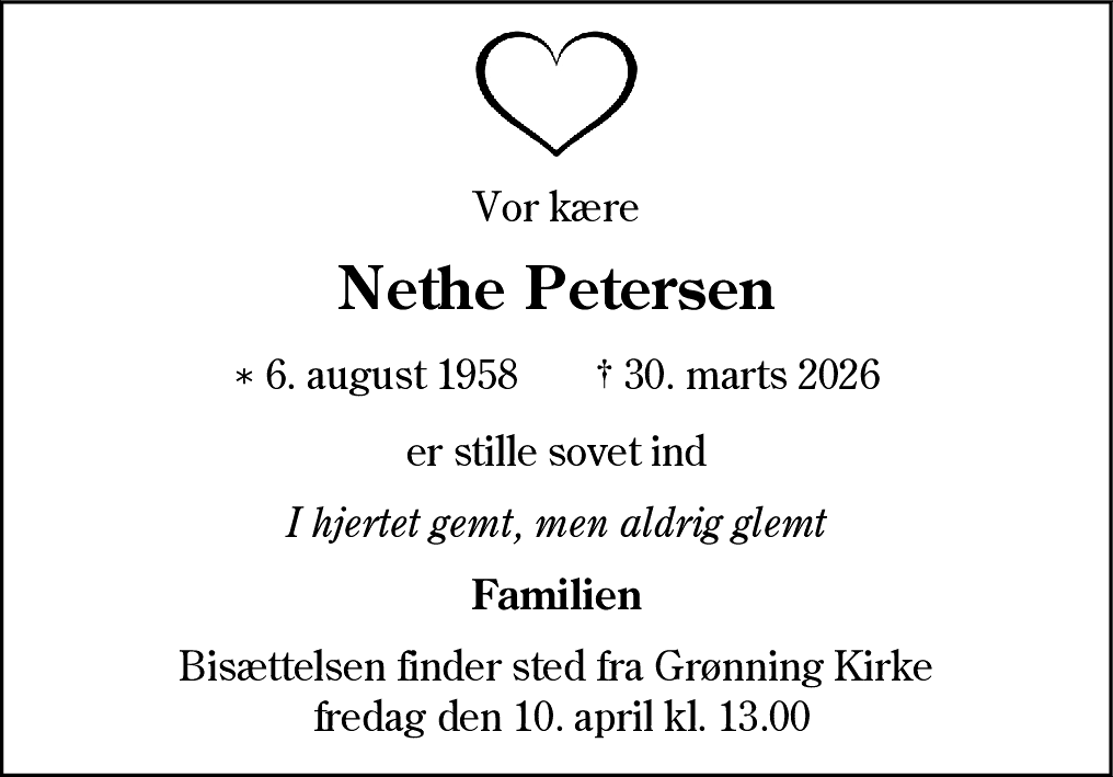 Dødsannonce for Nethe Petersen