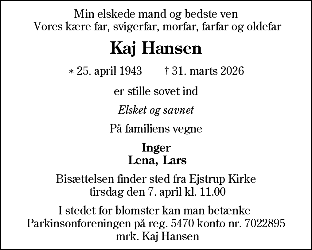 Dødsannonce for Kaj Hansen