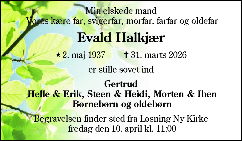 Dødsannonce for Evald Halkjær
