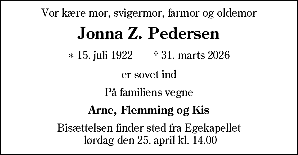 Dødsannonce for Jonna Zakariasen Pedersen