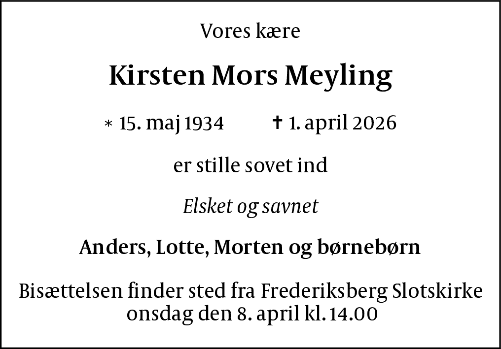Dødsannonce for Kirsten Mors Meyling