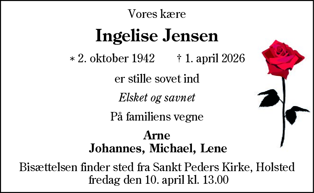 Dødsannonce for Ingelise Jensen