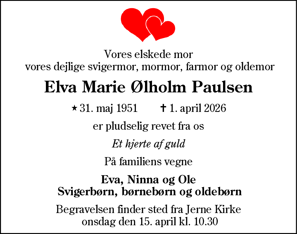 Dødsannonce for Elva Marie Ølholm Paulsen