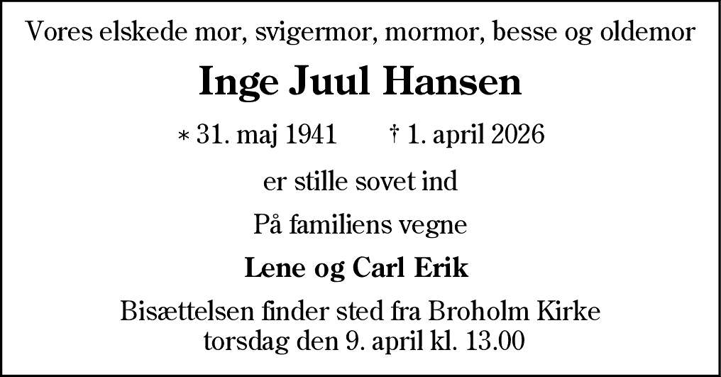 Dødsannonce for Inge Juul Hansen