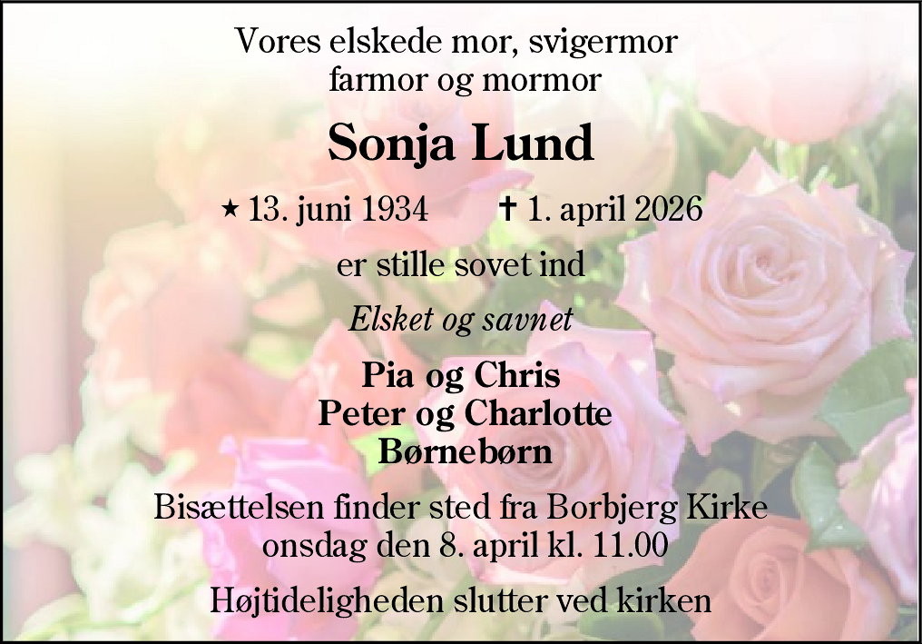 Dødsannonce for Sonja Dideriksen Lund