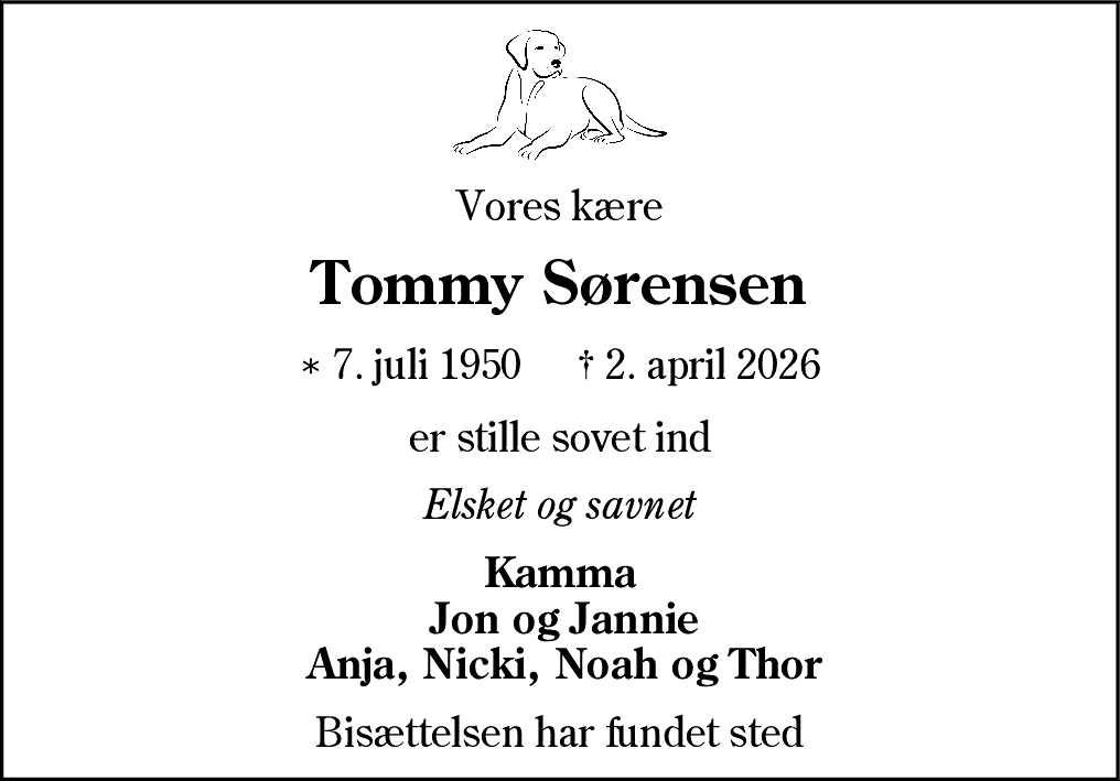 Dødsannonce for Tommy Sørensen