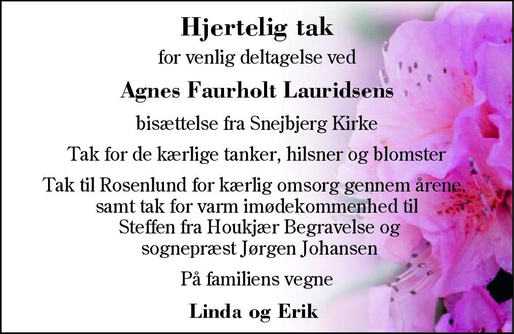 Dødsannonce for Agnes Faurholt Lauridsen