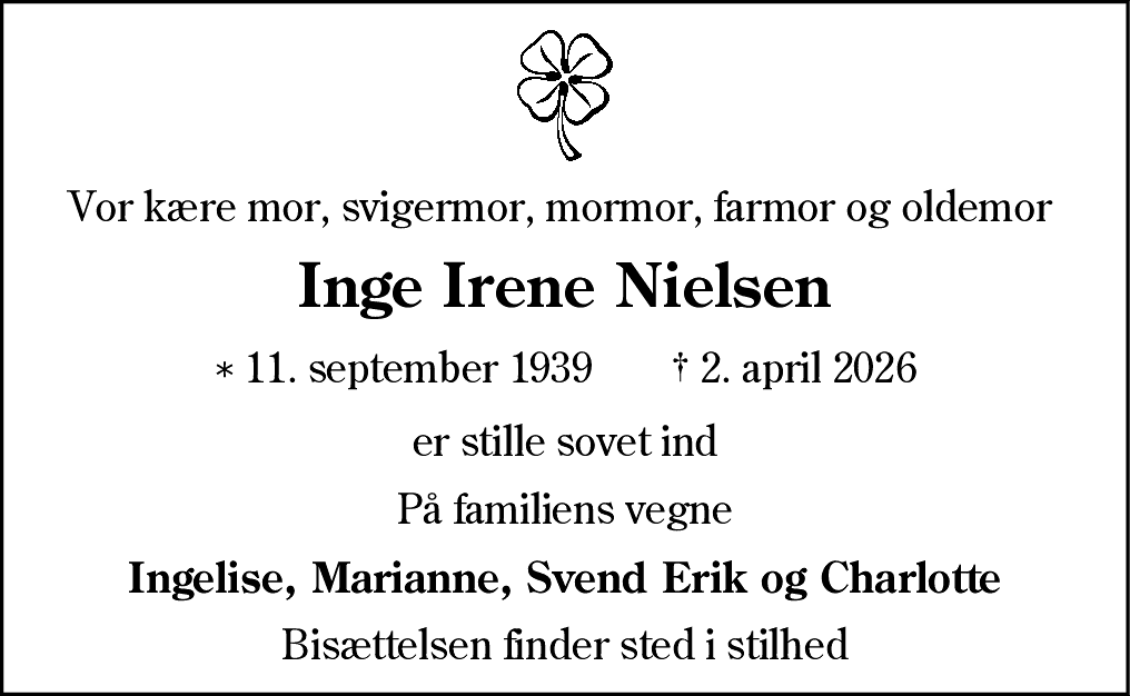 Dødsannonce for Inge Irene Nielsen