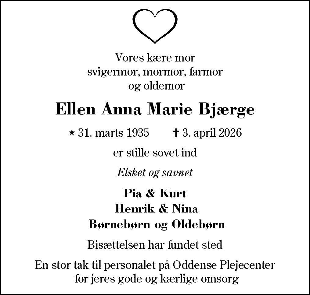 Dødsannonce for Ellen Anna Marie Bjærge
