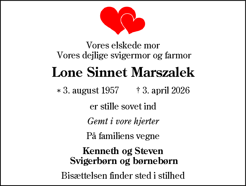 Dødsannonce for Lone Sinnet Marszalek