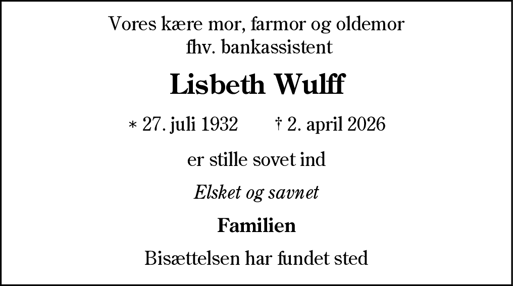 Dødsannonce for Lisbeth Wulff